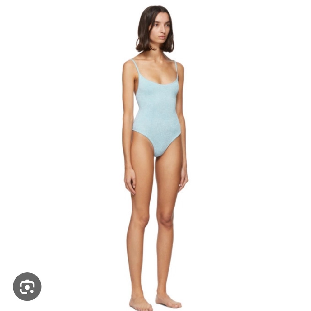 Hunza G “Pamela” one piece bathing suit in light blue.